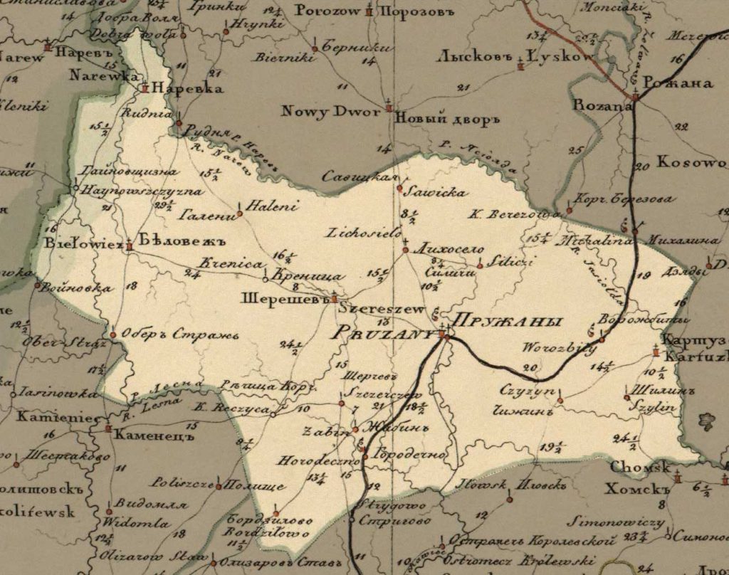 Mapa powiatu prużańskiego 1820, zdjęcie ze strony www.radzima.org.pl